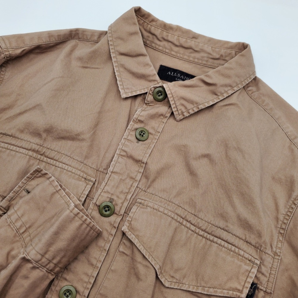 AllSaints Mens Tan Cotton Twill Military Button Up Shirt Large Khaki Logo
